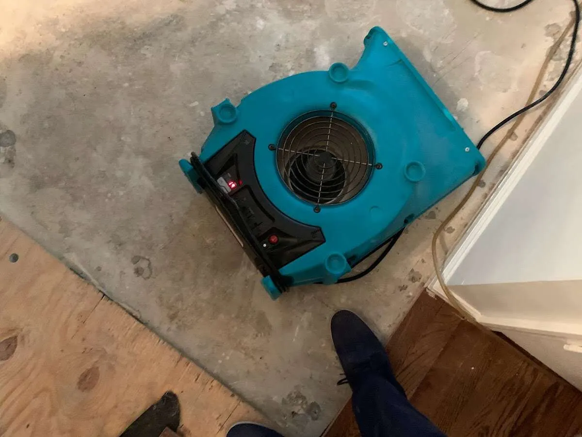 Air mover drying subfloor during Leak Detection & Repair in Wells Branch